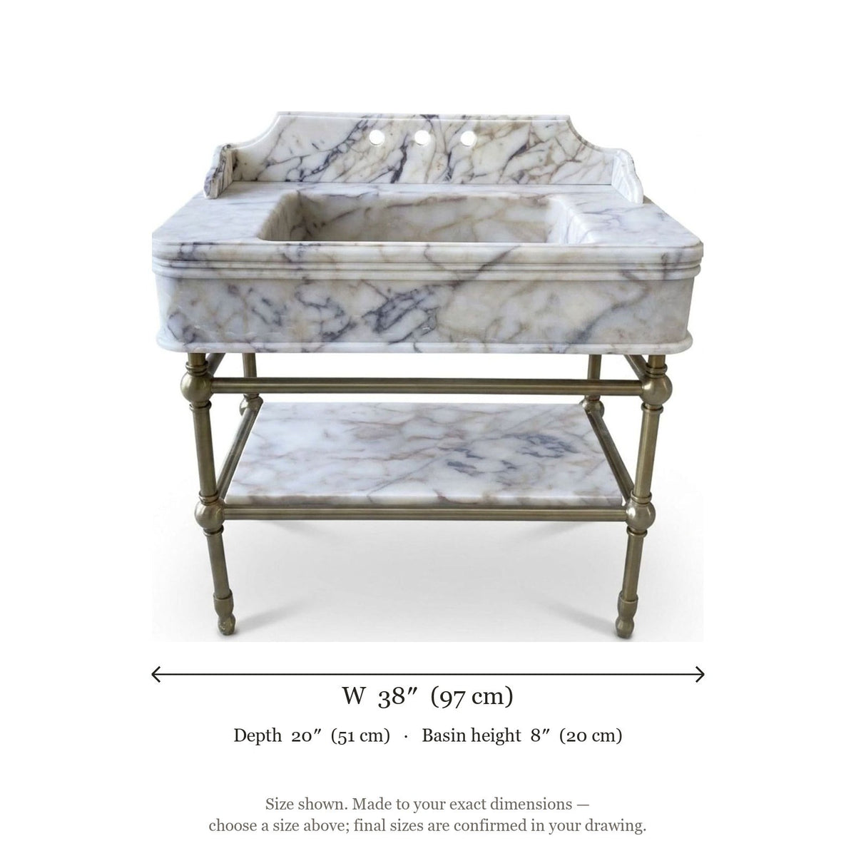 Calacatta Gold Marble Sink with Brass Stand and Backsplash — dimensions — view 5