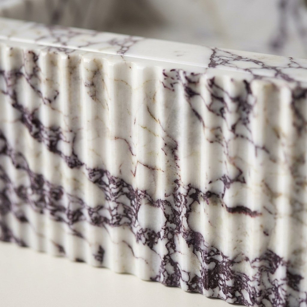 Calacatta Viola Fluted Marble Sink with Backsplash — marble detail — view 3