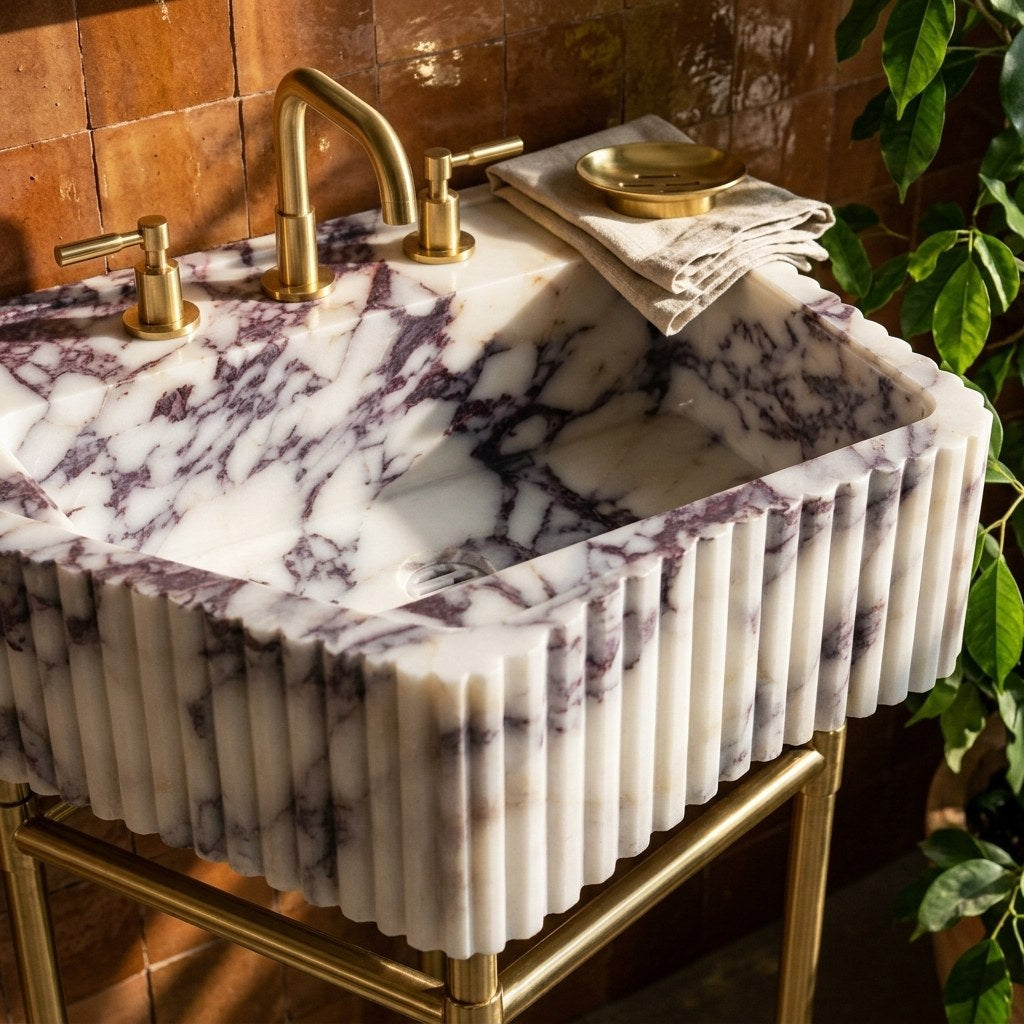 Calacatta Viola Fluted Marble Sink with Champagne Gold Stand — premium — view 2