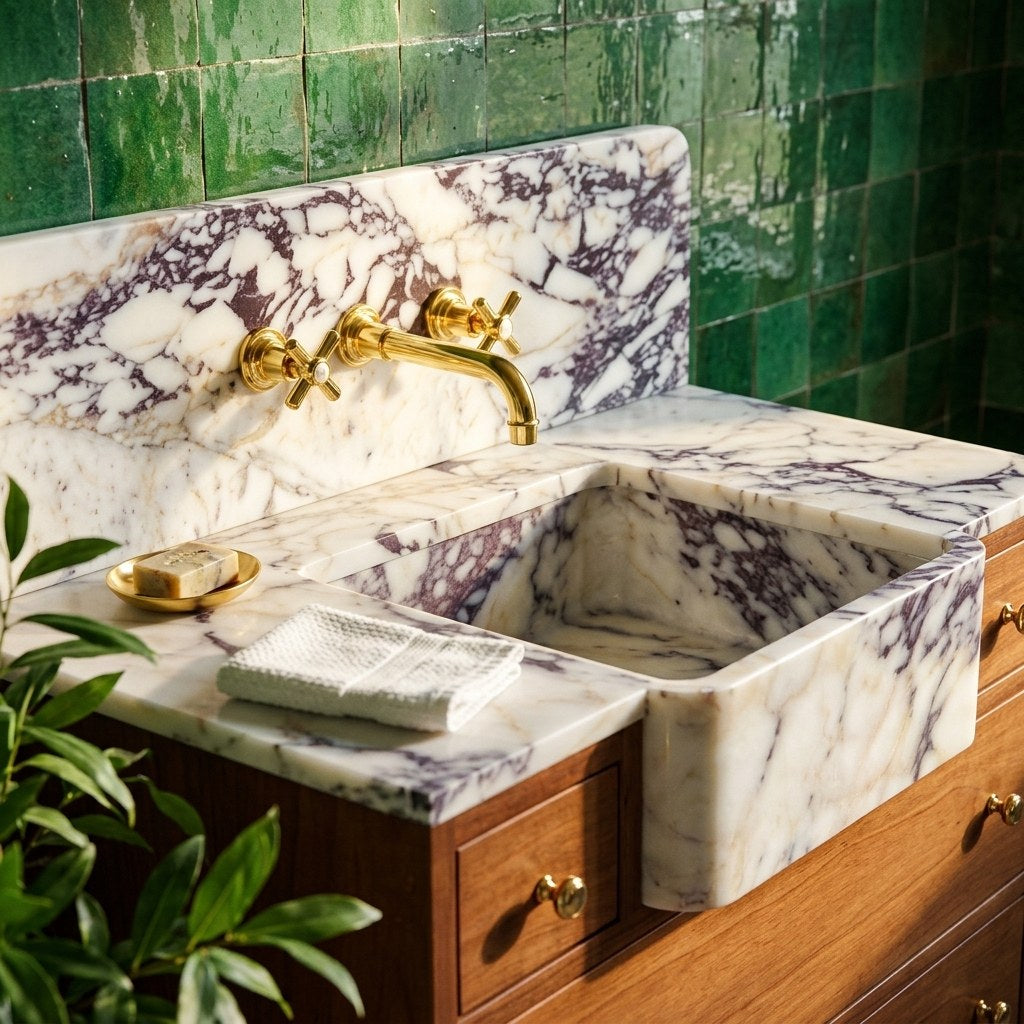 Calacatta Viola Honed Marble Vanity with Backsplash — premium — view 2