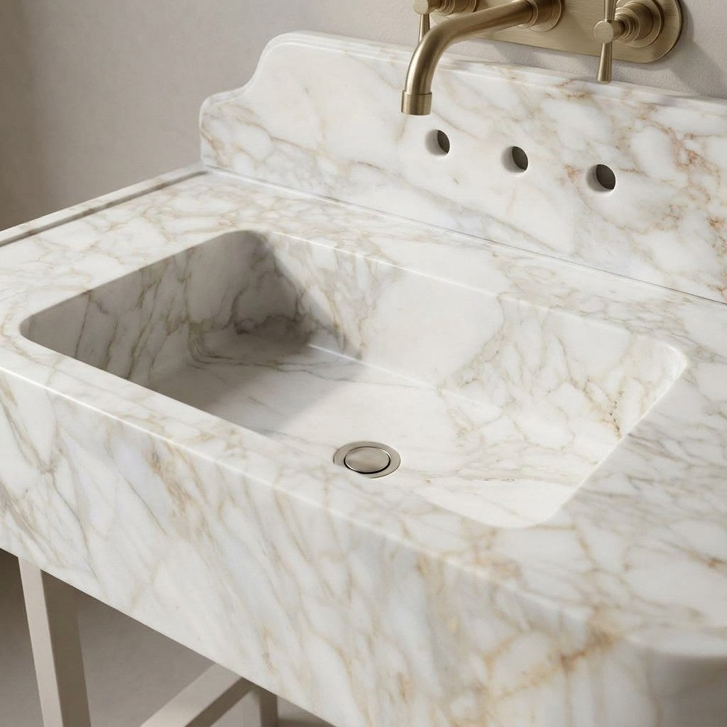 Calacatta Gold Honed Marble Sink with Backsplash — detail — view 4