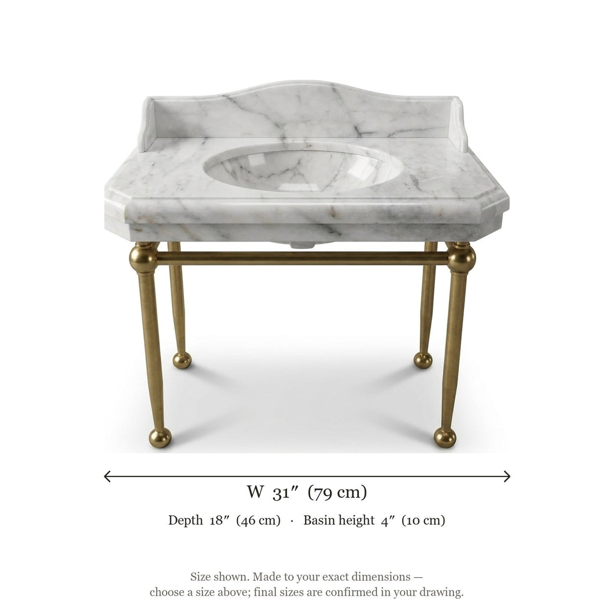Carrara Marble Sink with Brass Gold Stand and Backsplash — dimensions — view 5