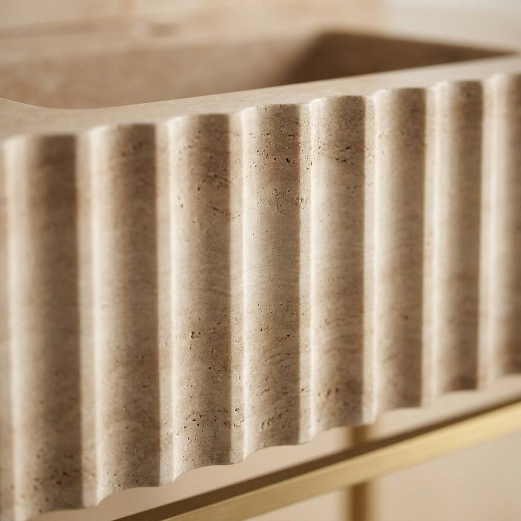 Travertine Fluted Sink with Brass Stand — marble detail — view 3