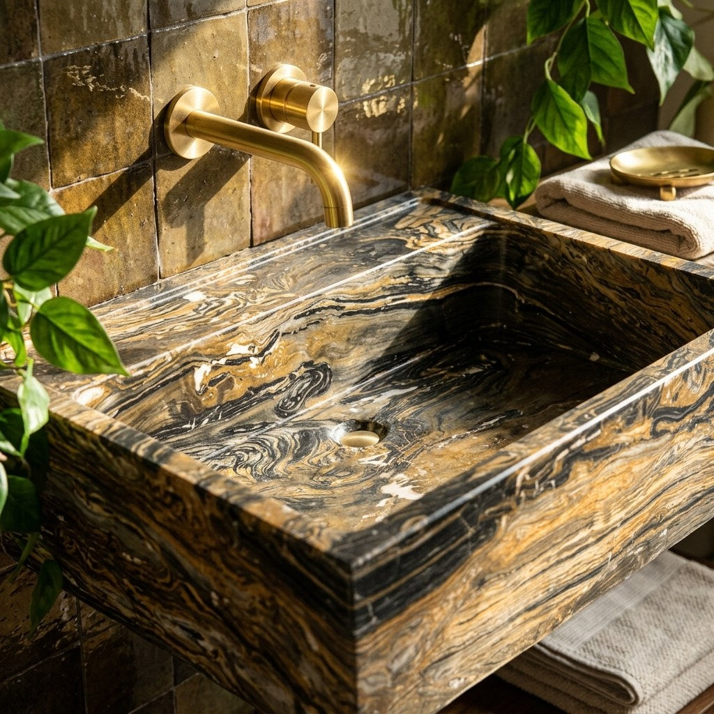 Picasso Polished Marble Rectangular Vessel Sink — 38″ — premium — view 2