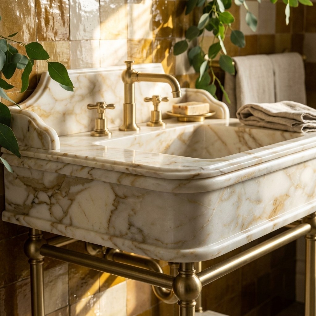 Calacatta Gold Marble Console Sink with Brass Stand — premium — view 2