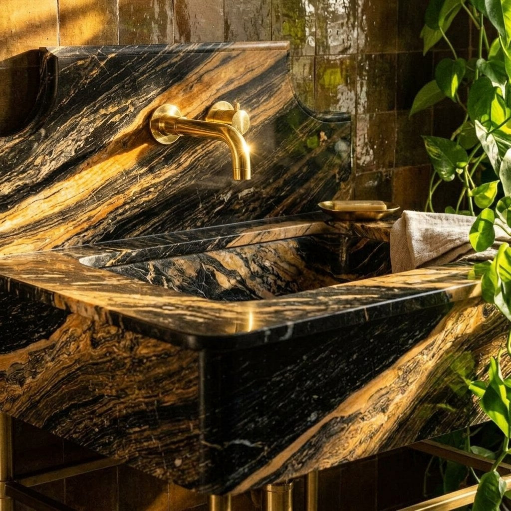 Picasso Marble Sink with Brass Stand and Backsplash — premium — view 2