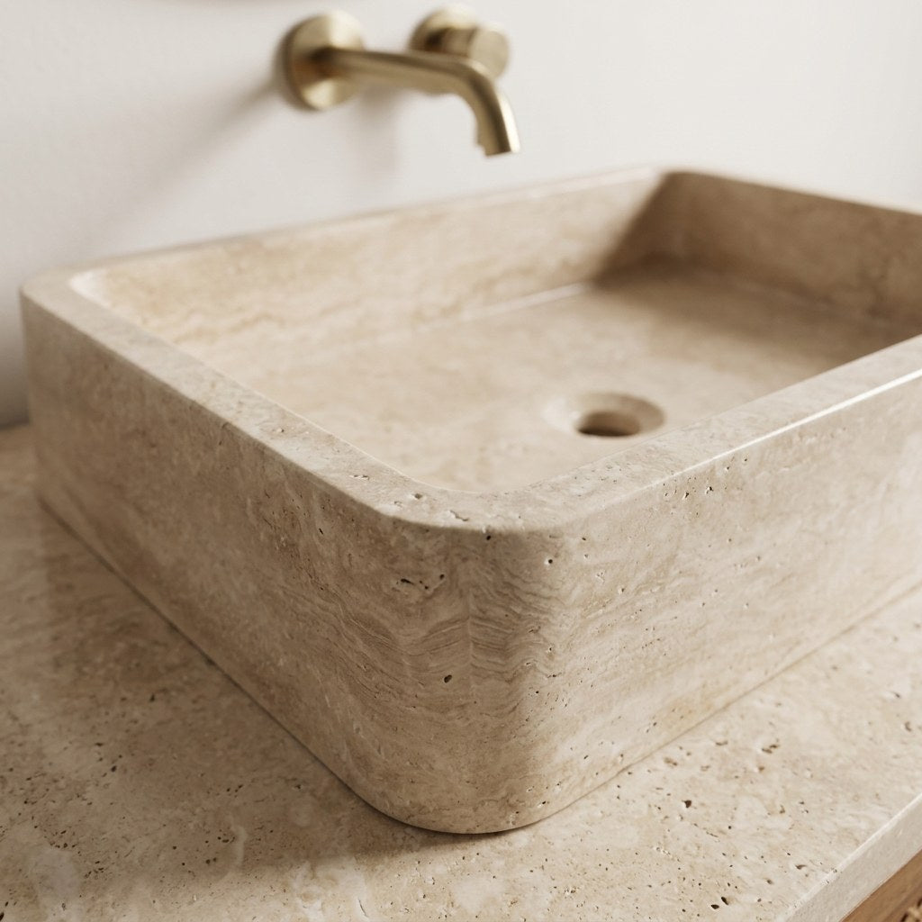 Polished Travertine Vessel Sink Bathroom Vanity — marble detail — view 3