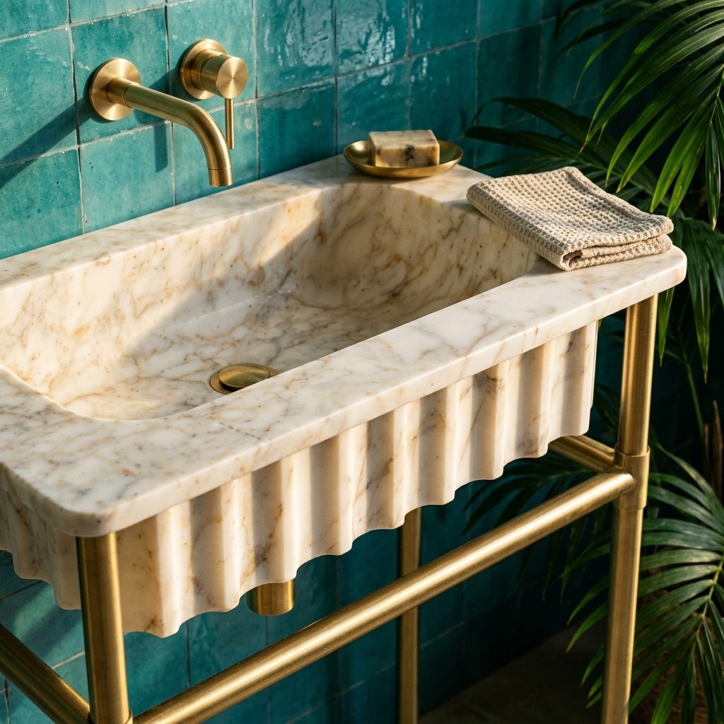 Calacatta Gold Fluted Marble Sink with Brass Stand — premium — view 2