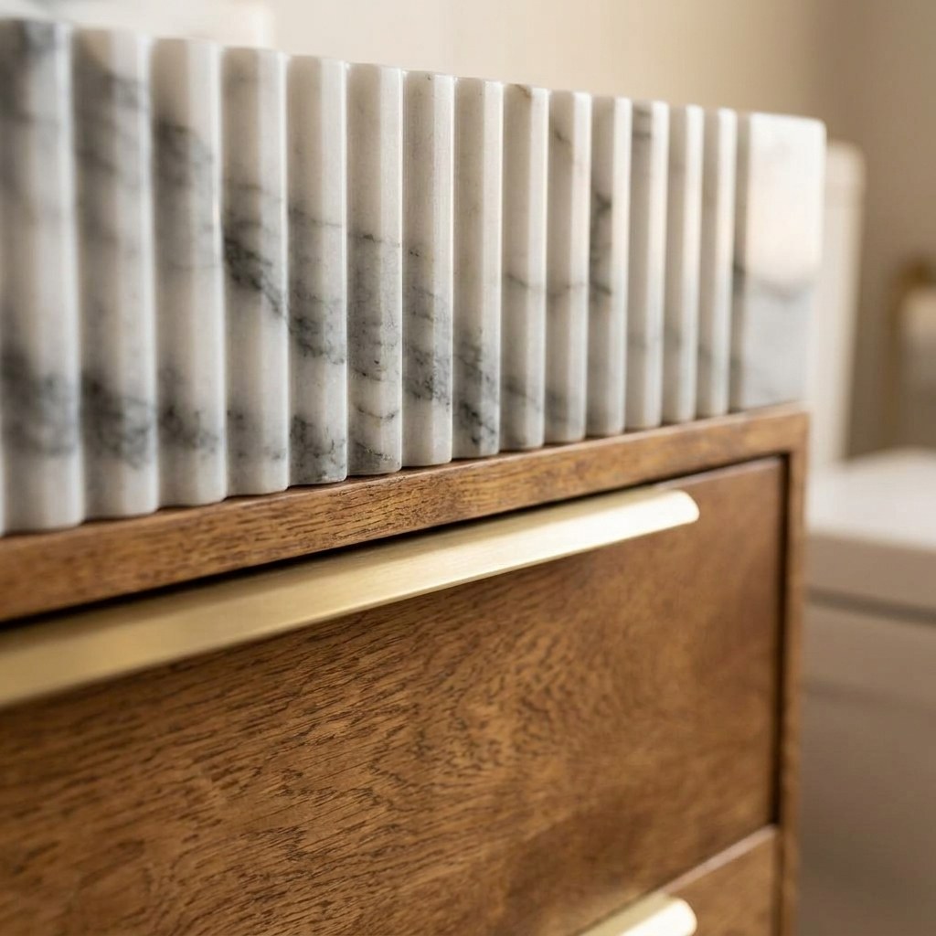 Carrara Fluted Marble Vanity Sink with Backsplash — detail — view 4