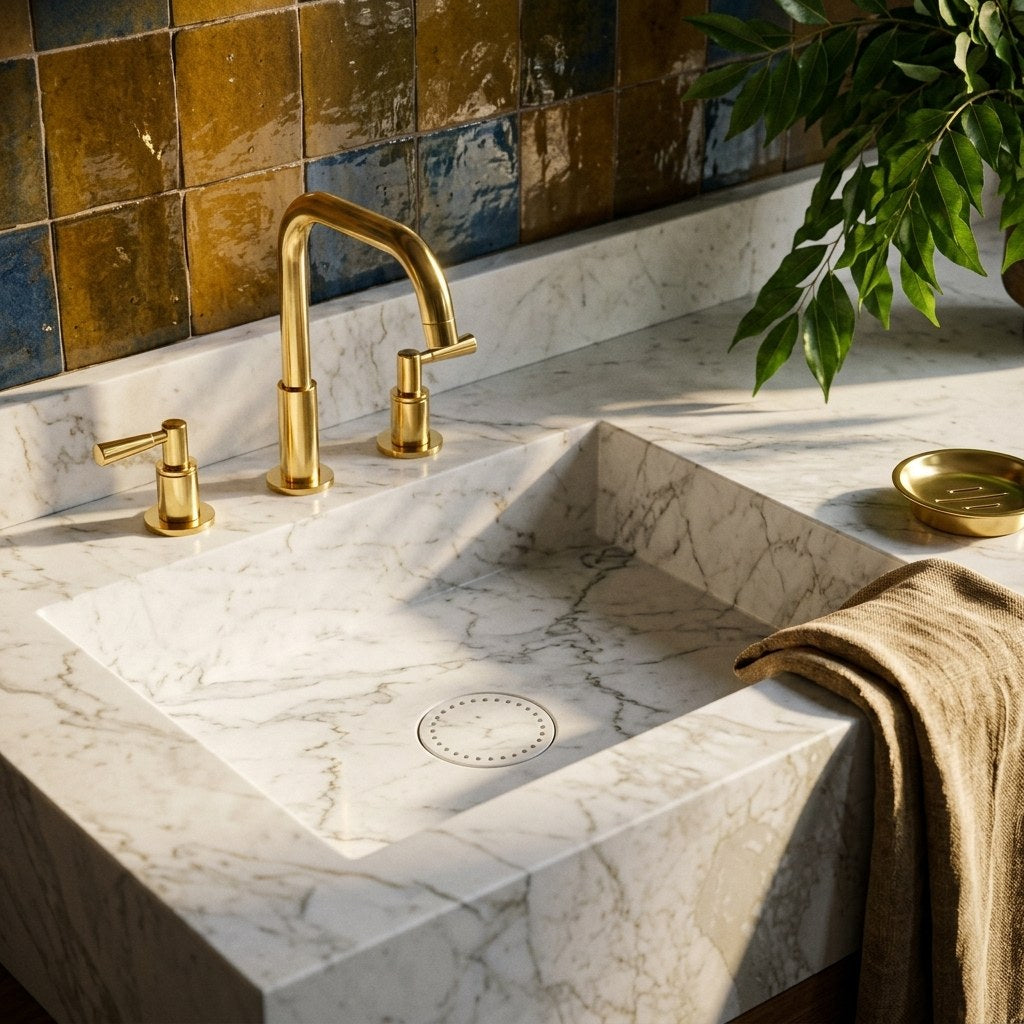 Polished Carrara Marble Integrated Sink with Backsplash — premium — view 2