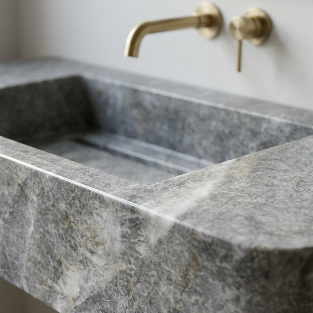 Polished Grey Marble Rectangular Vessel Sink — marble detail — view 3