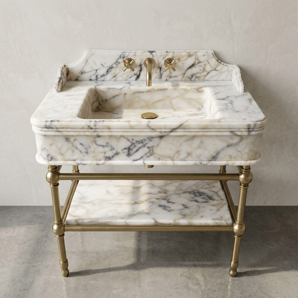 Calacatta Gold Marble Sink with Brass Stand and Backsplash — marble detail — view 3