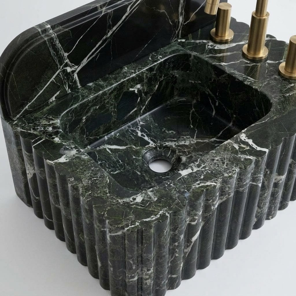 Verde Marble Fluted Sink with Backsplash — detail — view 4