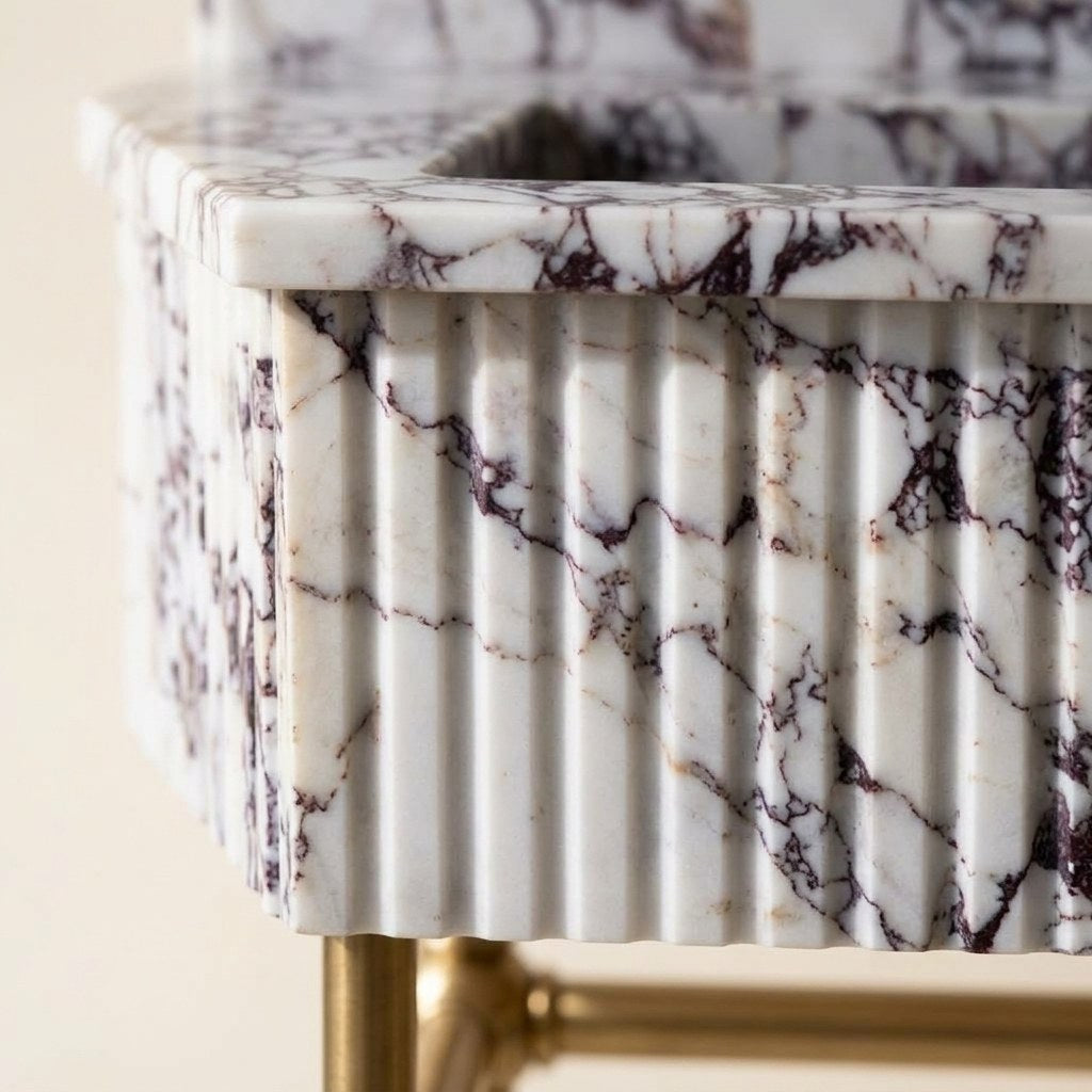 Calacatta Viola Fluted Marble Sink with Brass Stand — marble detail — view 3