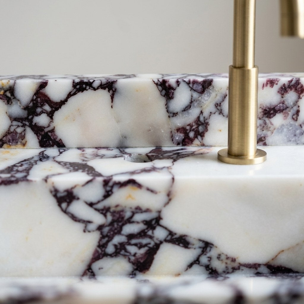 Calacatta Viola Polished Marble Sink with Backsplash — marble detail — view 3