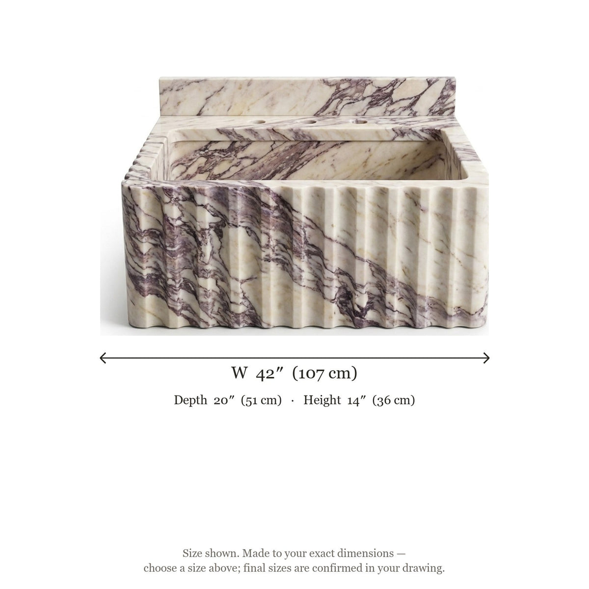 Calacatta Viola Fluted Marble Sink with Backsplash — dimensions — view 5