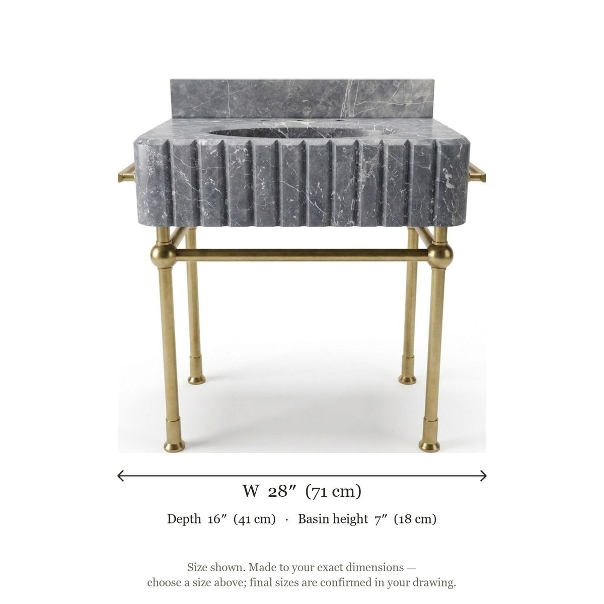 Pietra Notte Fluted Marble Sink with Brass Stand — dimensions — view 5