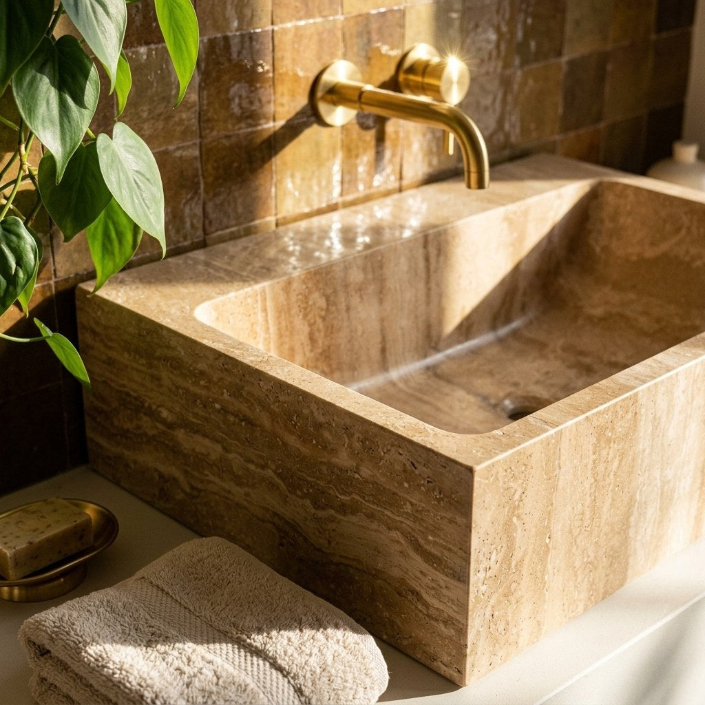 Travertine Rectangular Polished Vessel Sink — premium — view 2
