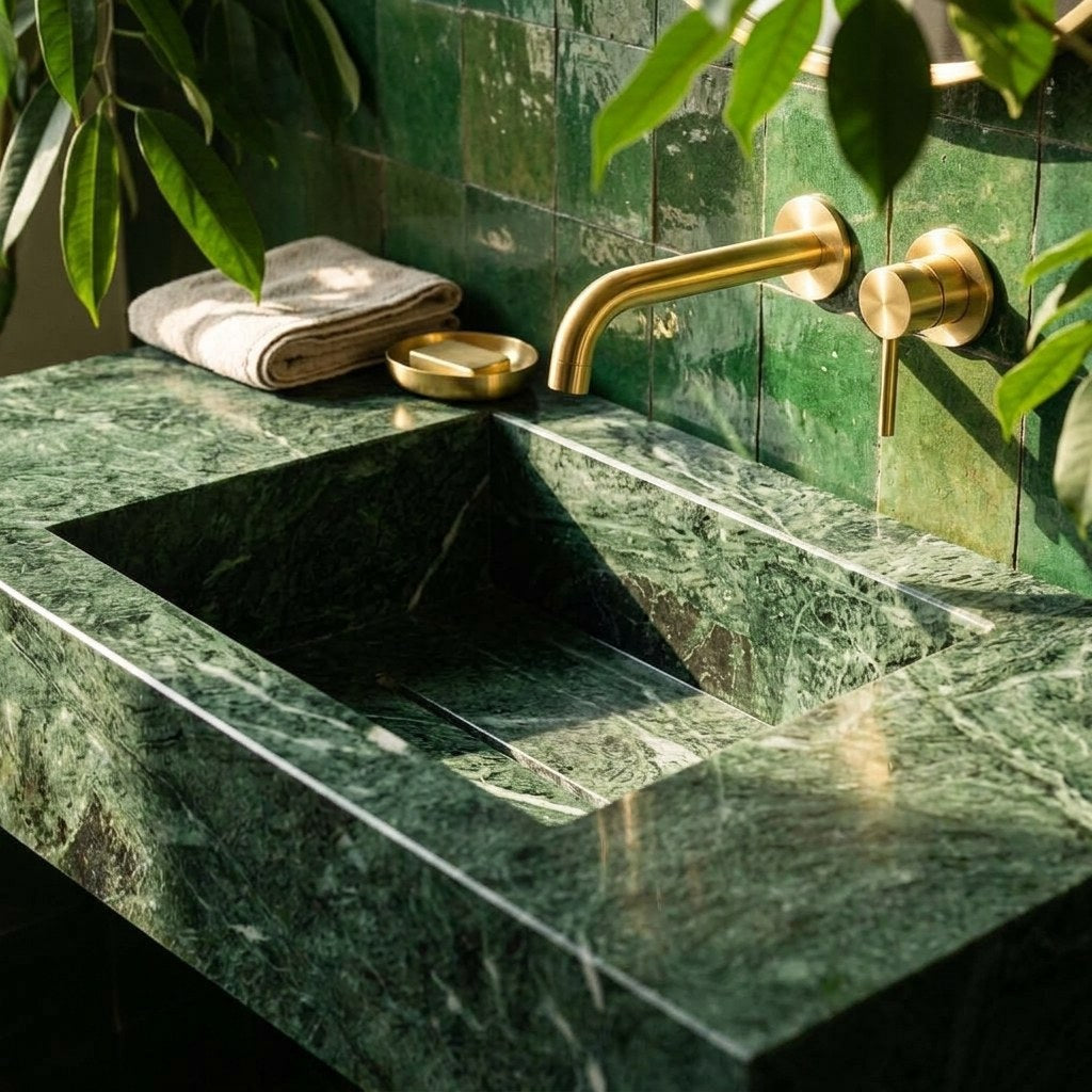 Verde Levanto Polished Rectangular Marble Vessel Sink — premium — view 2