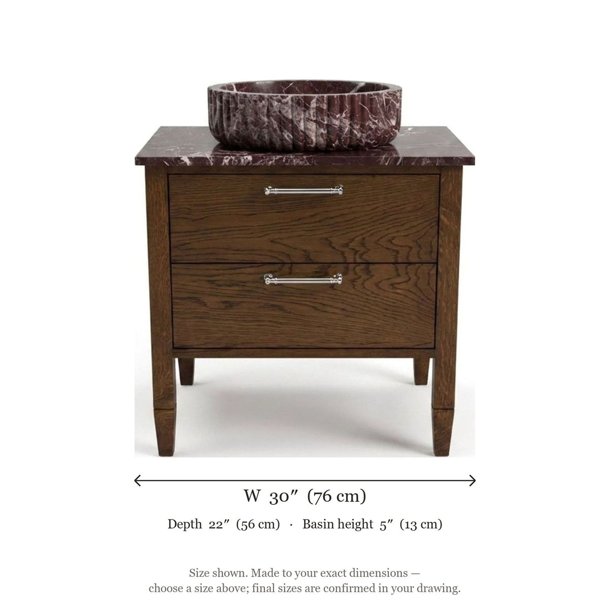 Rosso Levanto Fluted Marble Vanity Sink — dimensions — view 5