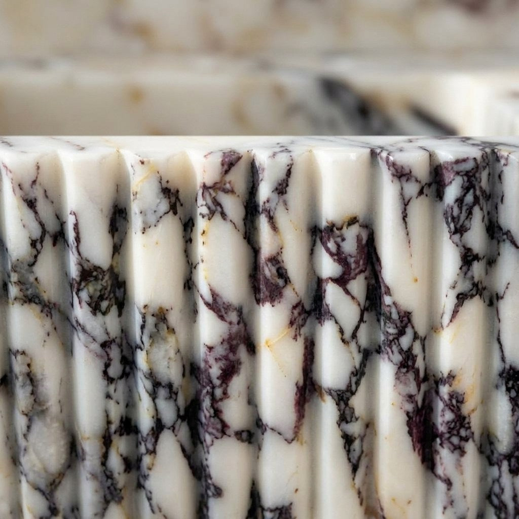 Calacatta Viola Fluted Marble Sink with Champagne Gold Stand — marble detail — view 3