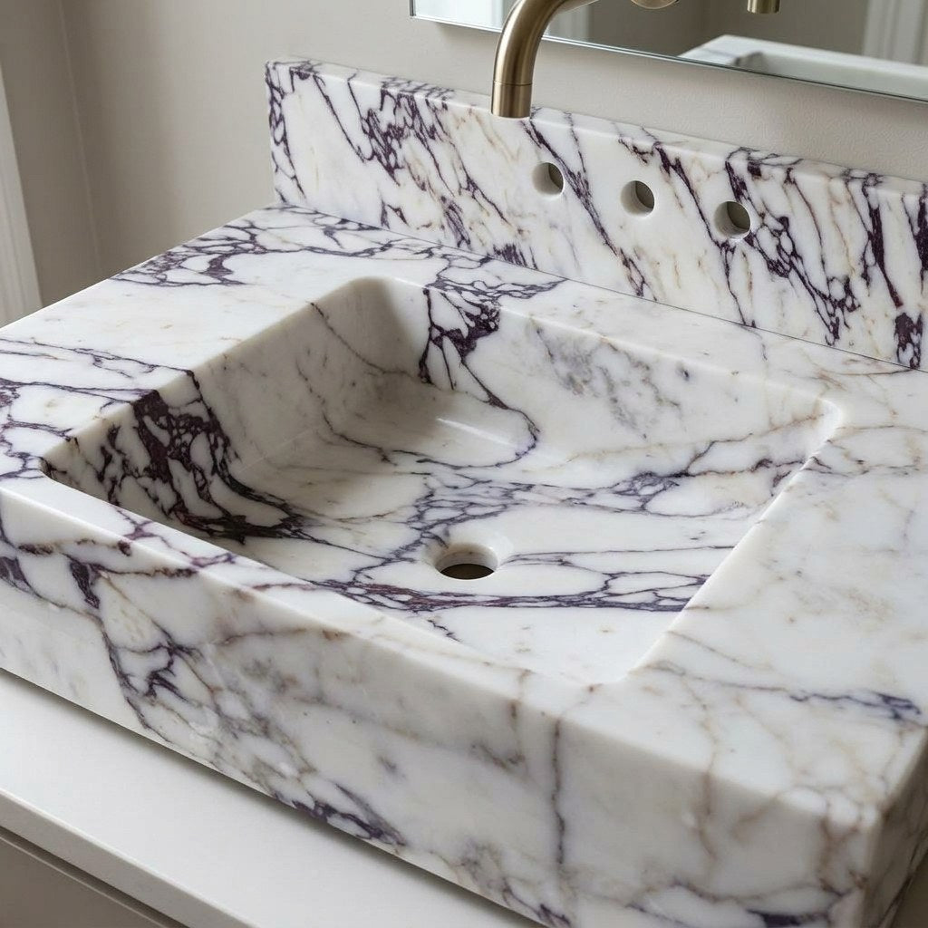 Calacatta Viola Marble Sink with Backsplash — detail — view 3