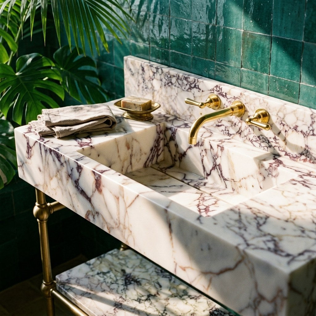 Calacatta Viola Marble Sink with Brass Stand and Backsplash — premium — view 2