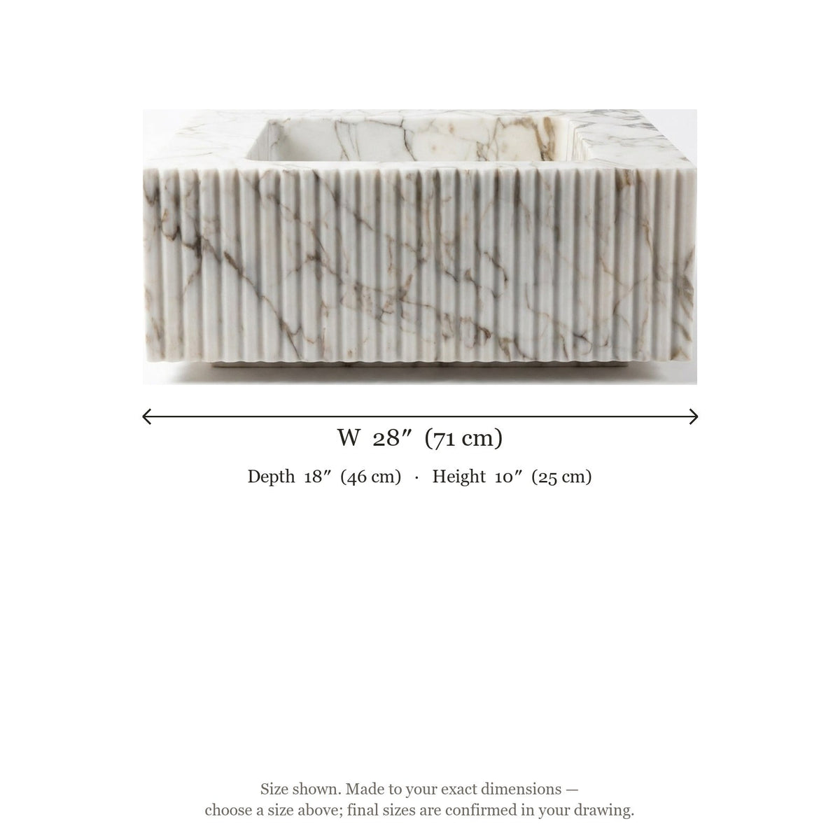 Calacatta Gold Fluted Rectangular Marble Sink — dimensions — view 4