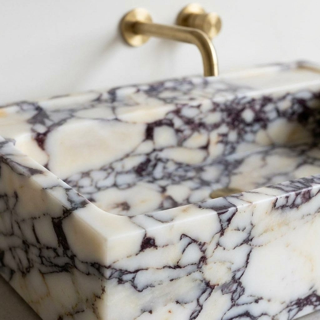 Calacatta Viola Polished Rectangular Vessel Marble Sink — marble detail — view 3
