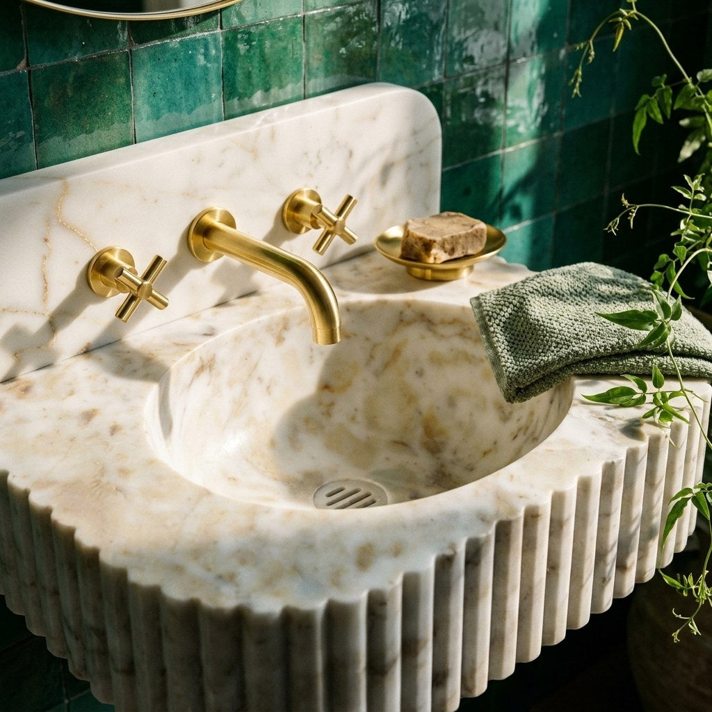 Carrara Fluted Marble Sink with Backsplash — premium — view 2
