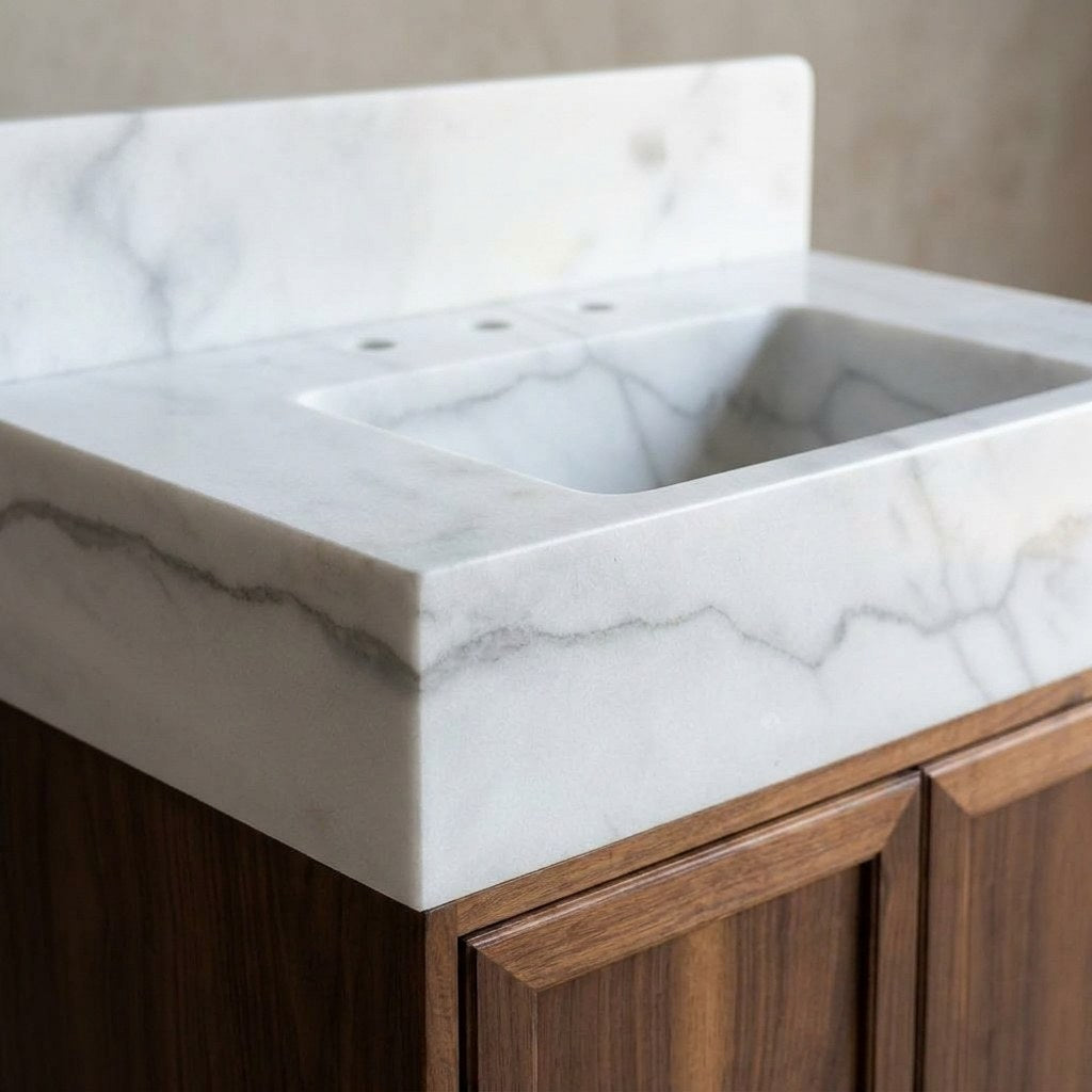 Polished Carrara Marble Vanity Sink with Backsplash — marble detail — view 3