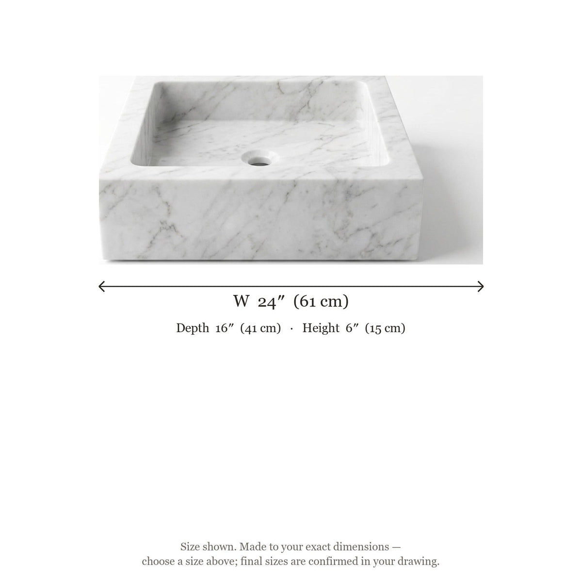 Carrara Marble Honed Rectangular Vessel Sink — dimensions — view 5