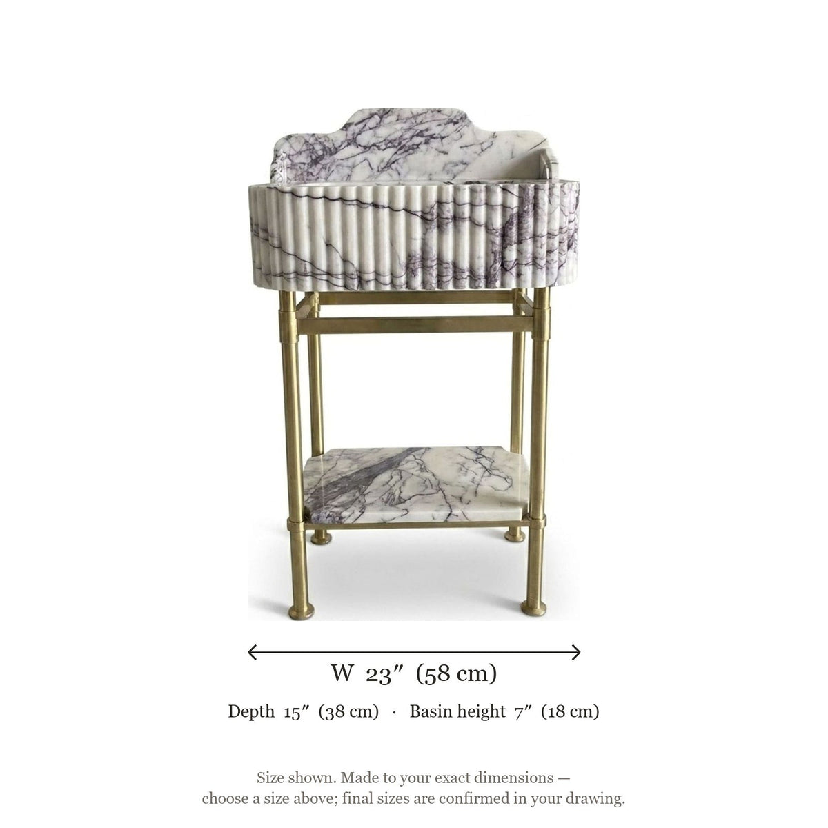 Lilac Fluted Marble Sink with Champagne Gold Stand — dimensions — view 5