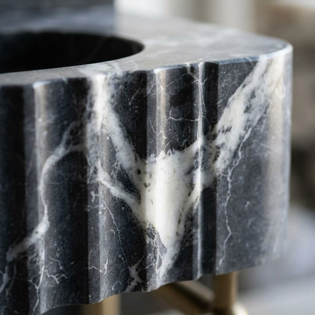 Pietra Notte Fluted Marble Sink with Champagne Gold Stand — marble detail — view 3