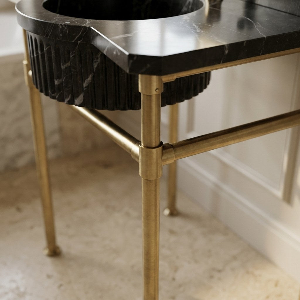 Pietra Notte Fluted Marble Sink with Brass Stand — detail — view 4