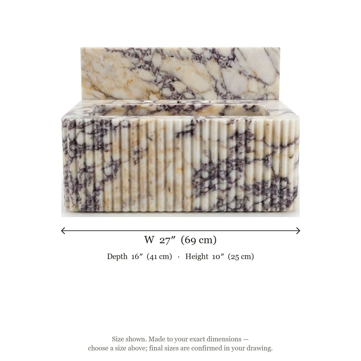 Calacatta Viola Fluted Marble Sink with Backsplash — dimensions — view 4