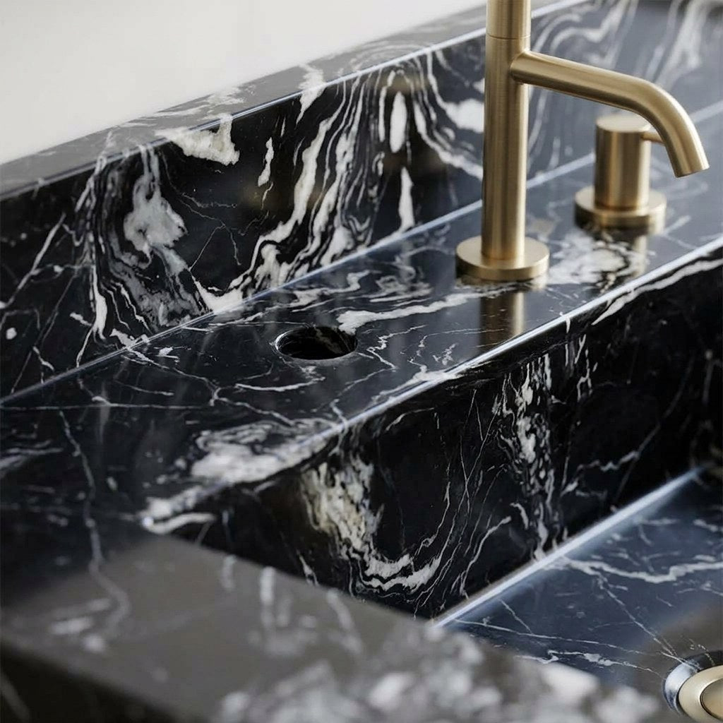 Nero Marquina Honed Marble Sink with Backsplash — marble detail — view 3