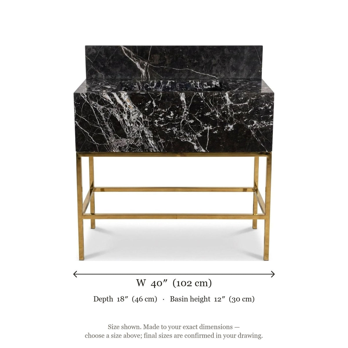 Pietra Notte Marble Sink with Backsplash and Brass Stand — dimensions — view 5