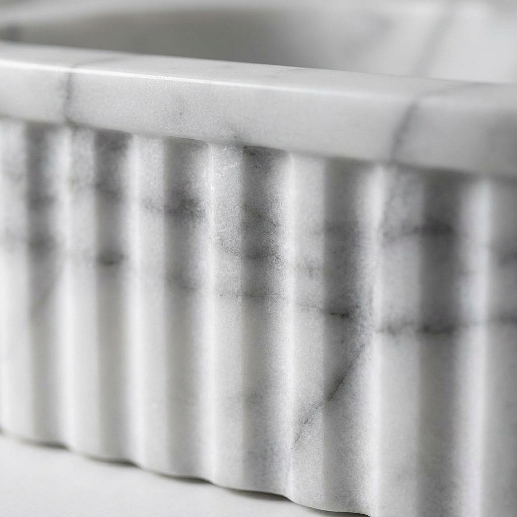 Carrara Fluted Polished Marble Vessel Sink — marble detail — view 3