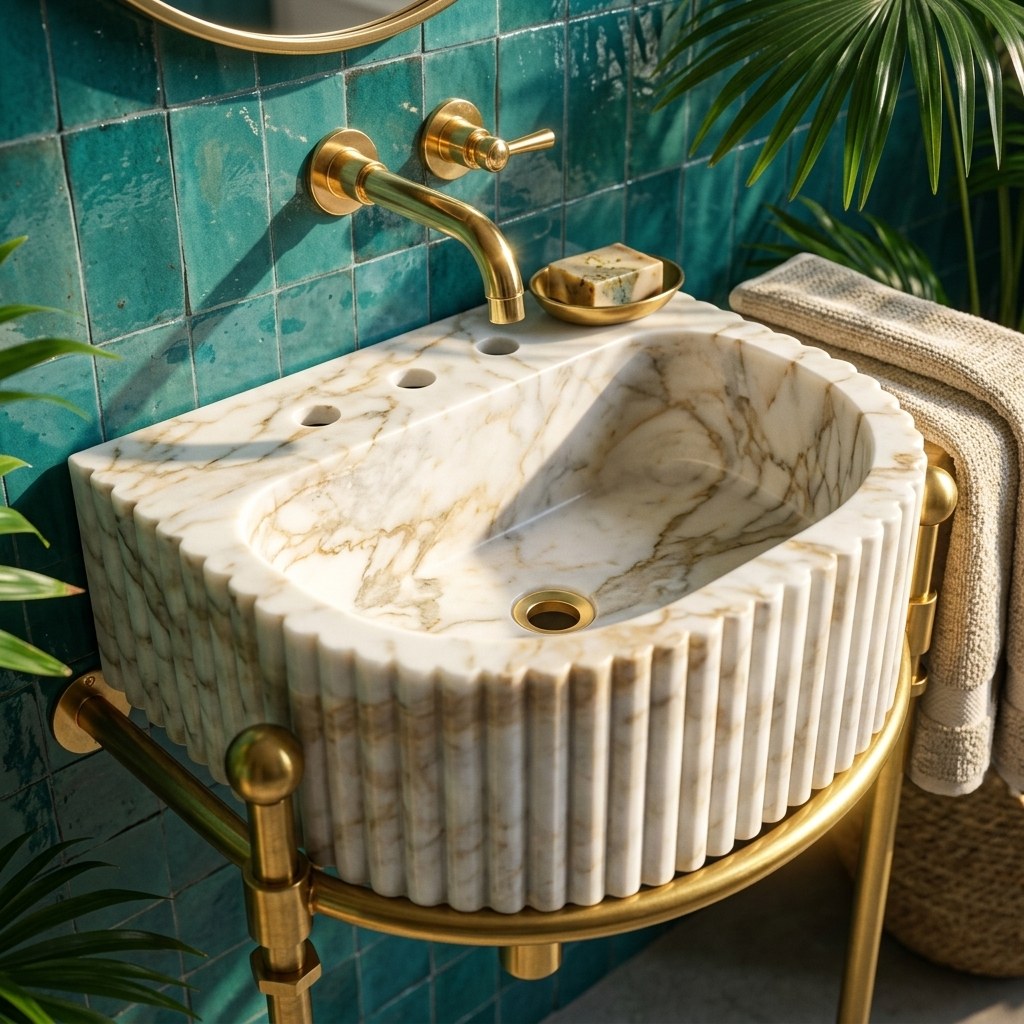 Calacatta Gold Fluted Marble Sink with Brass Stand — premium — view 2