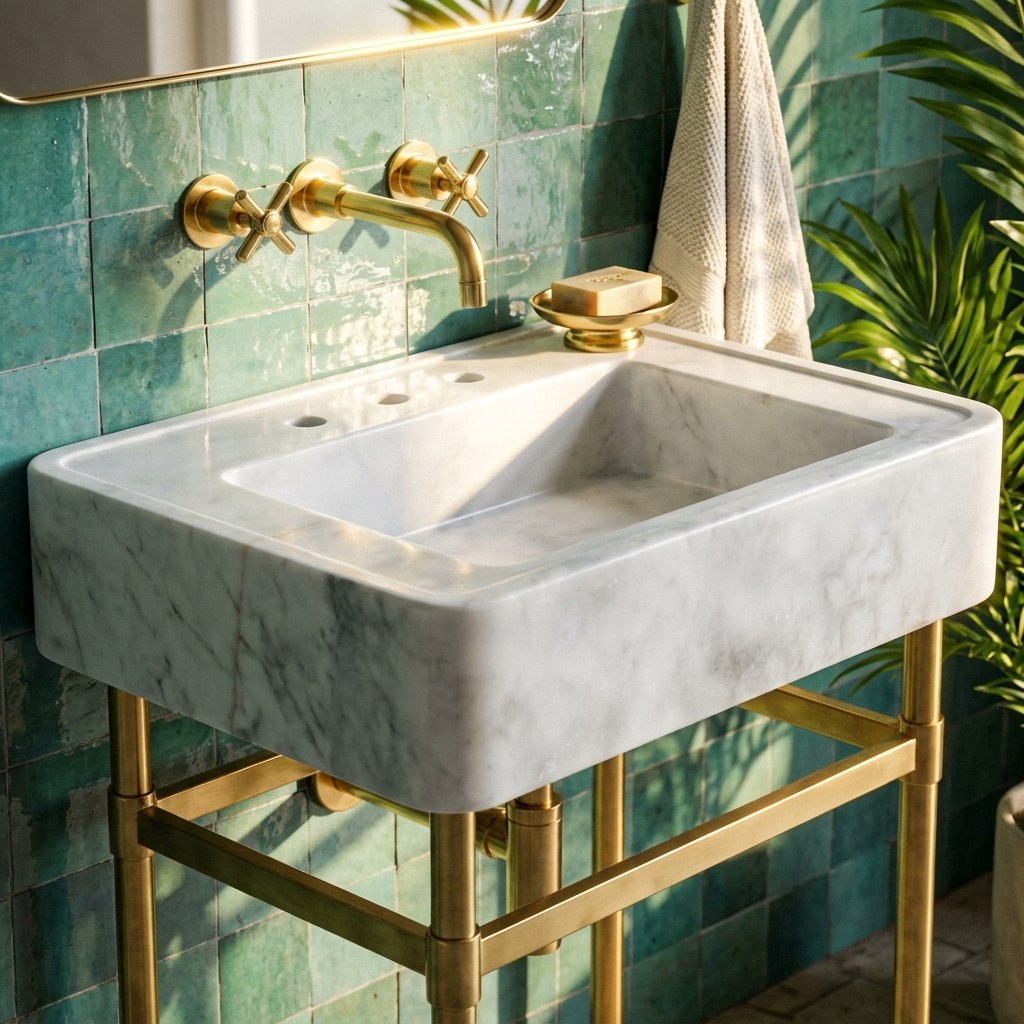 Carrara Polished Marble Console Sink with Brass Stand — premium — view 2