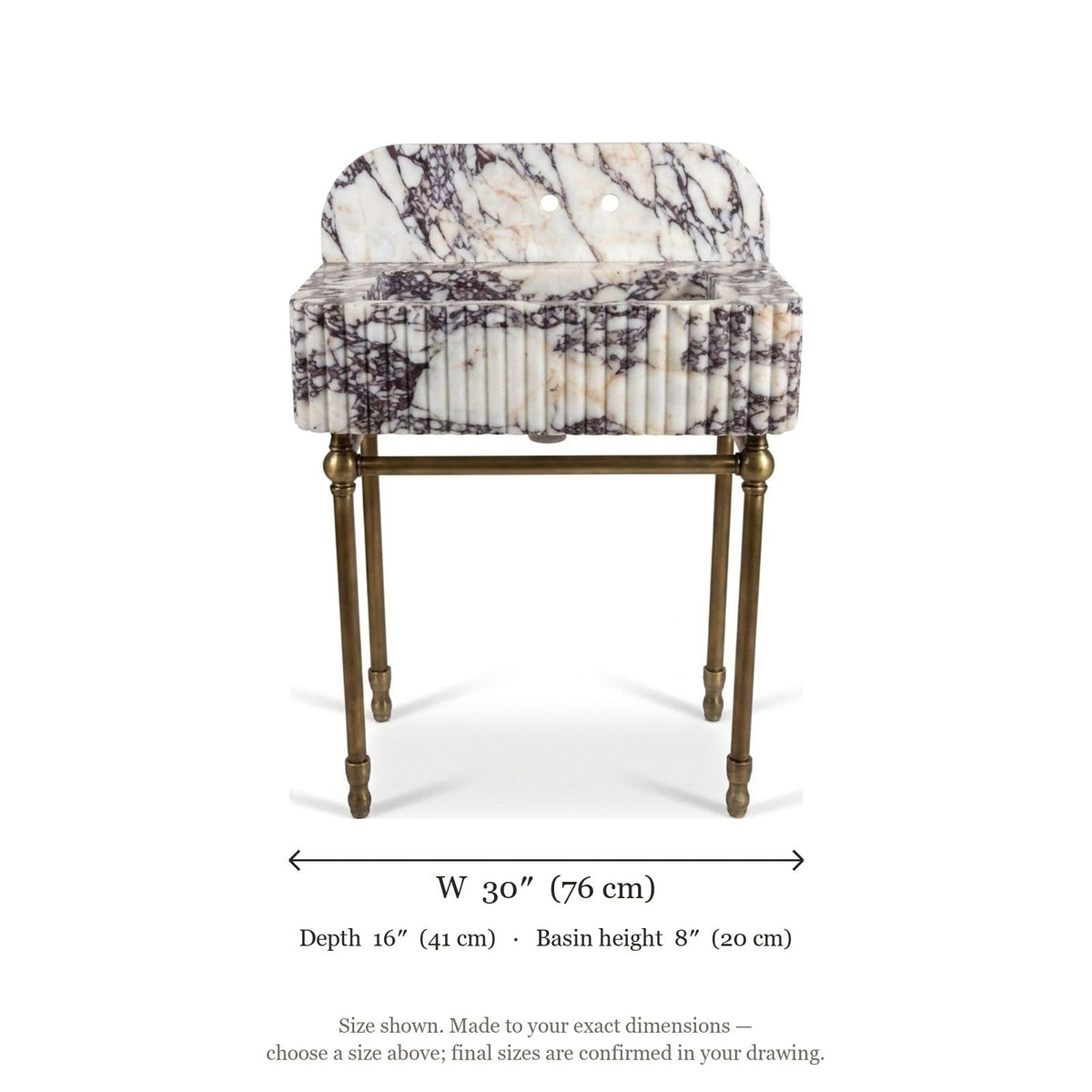 Calacatta Viola Fluted Marble Sink with Brass Stand and Backsplash — dimensions — view 4