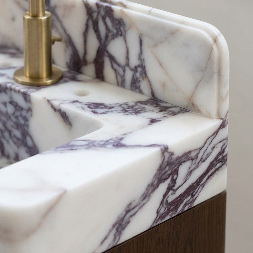 Calacatta Viola Honed Marble Vanity with Backsplash — marble detail — view 3