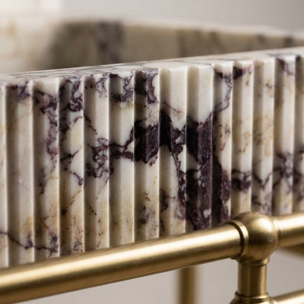 Calacatta Viola Fluted Marble Sink with Brass Stand — marble detail — view 3