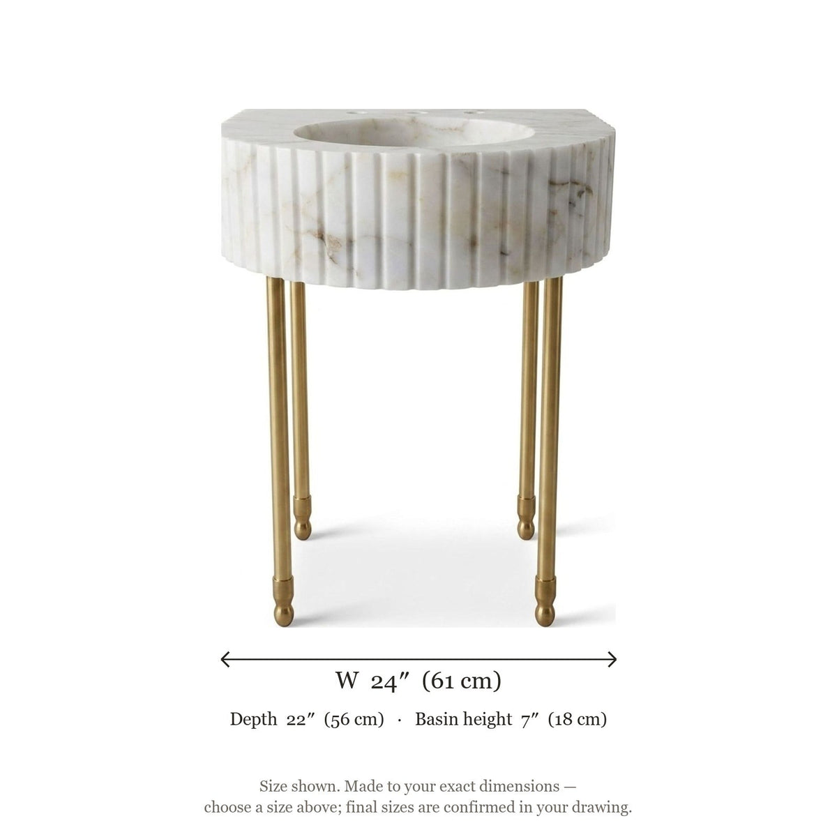 Calacatta Gold Fluted Marble Sink with Brass Stand — dimensions — view 3