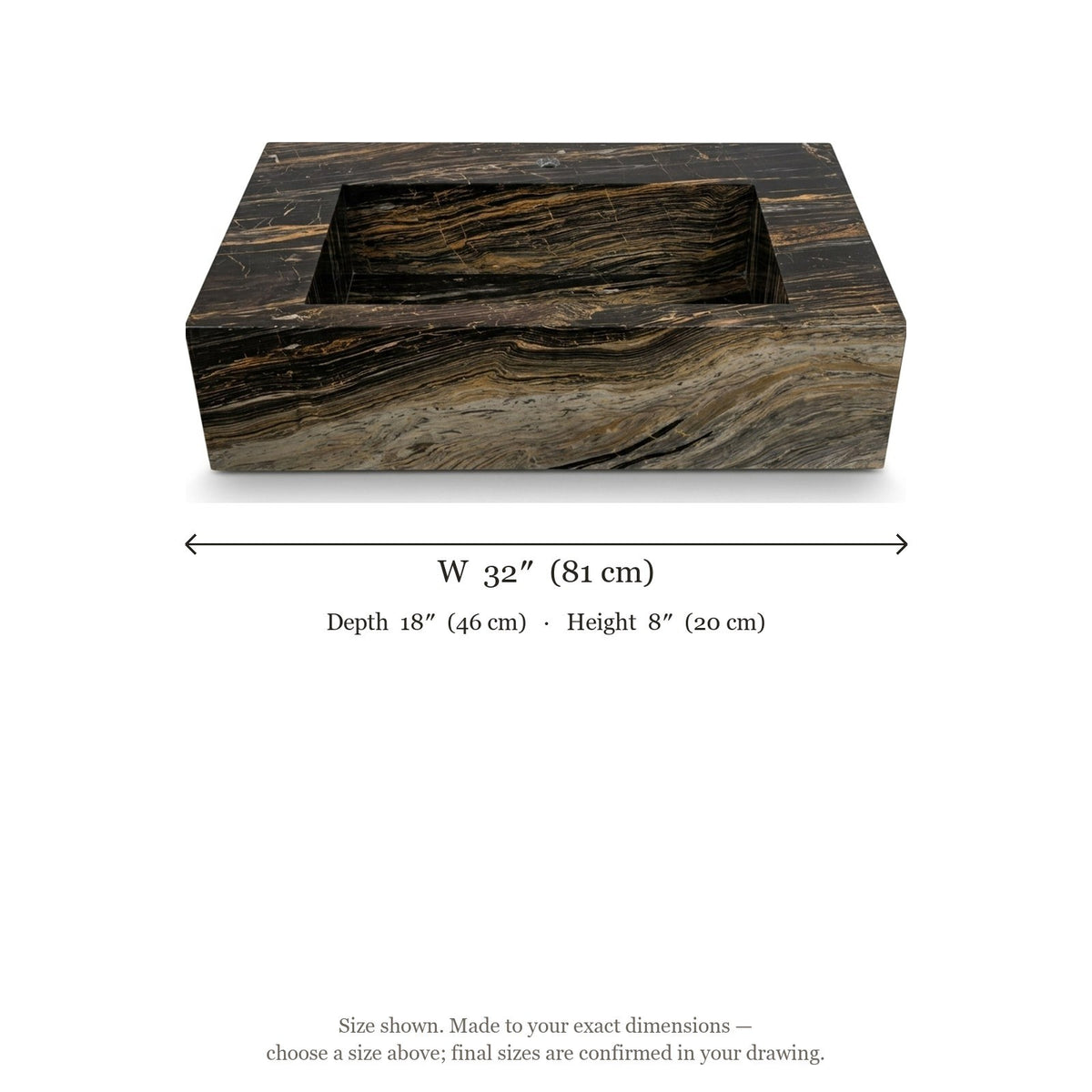 Picasso Polished Marble Rectangular Sink with Faucet Hole — dimensions — view 5