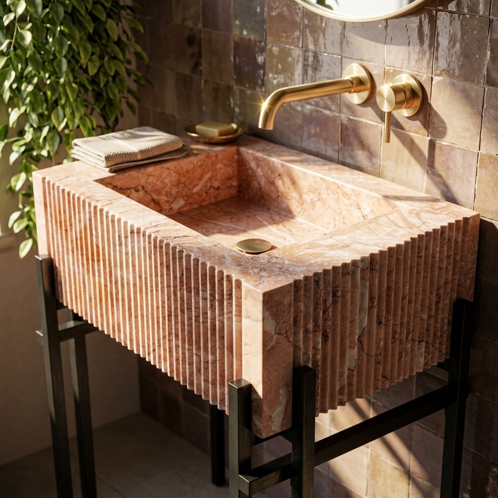 Pink Violet Fluted Marble Sink with Matte Black Stand — premium — view 2