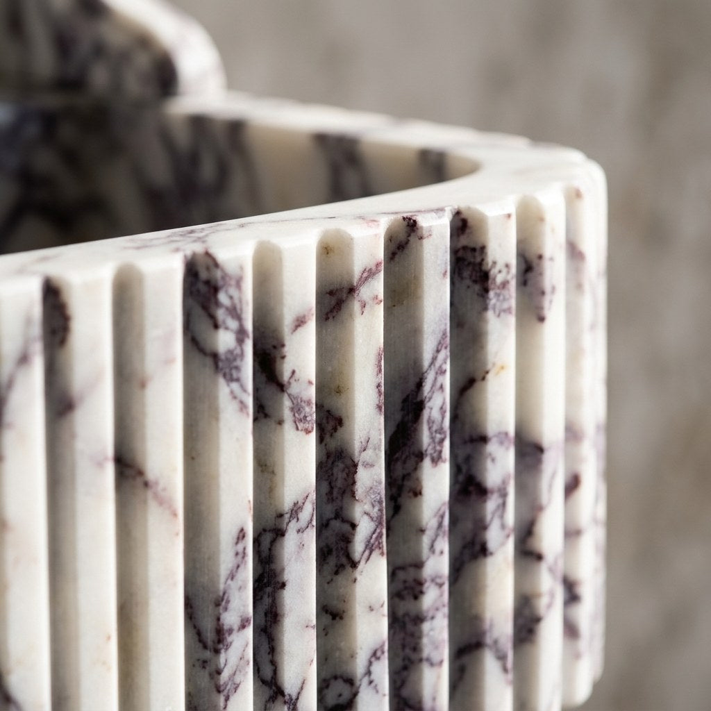 Calacatta Viola Fluted Marble Sink with Brass Stand — marble detail — view 3