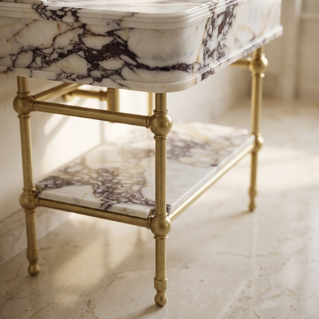 Calacatta Viola Polished Marble Sink with Brass Gold Stand — detail — view 4