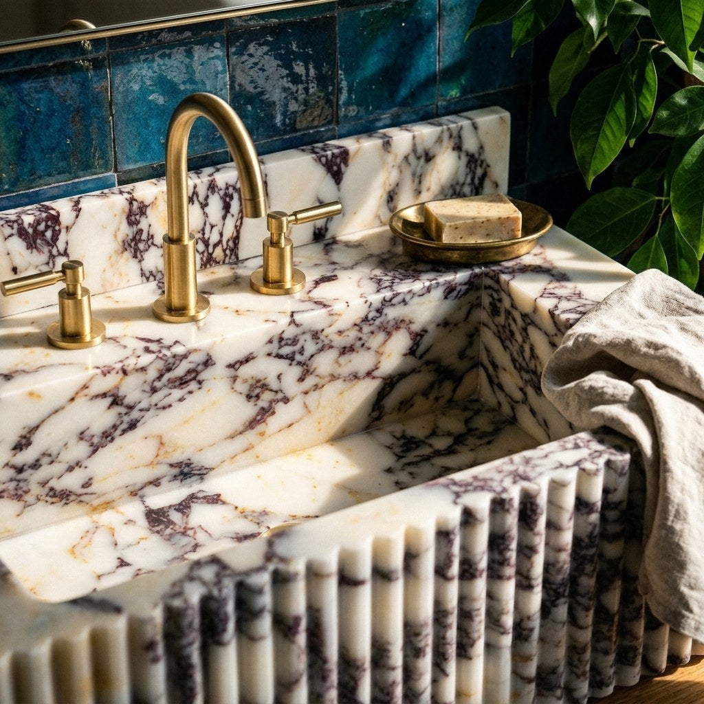 Calacatta Viola Fluted Marble Sink with Backsplash — premium — view 2